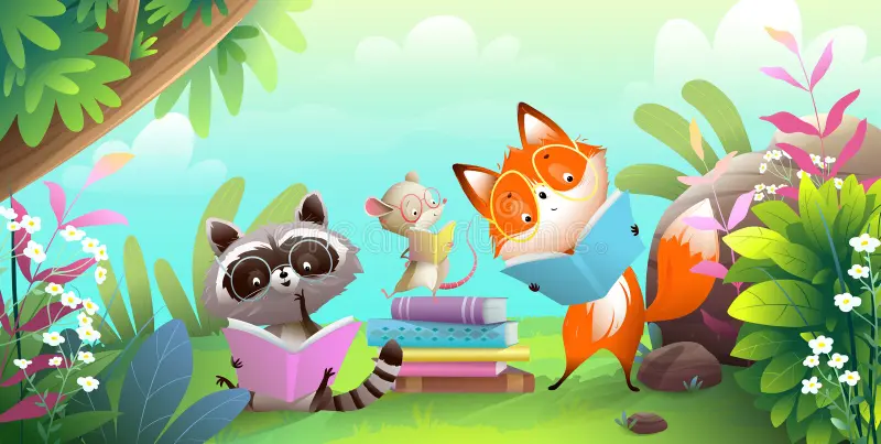 Cartoon animals reading books together